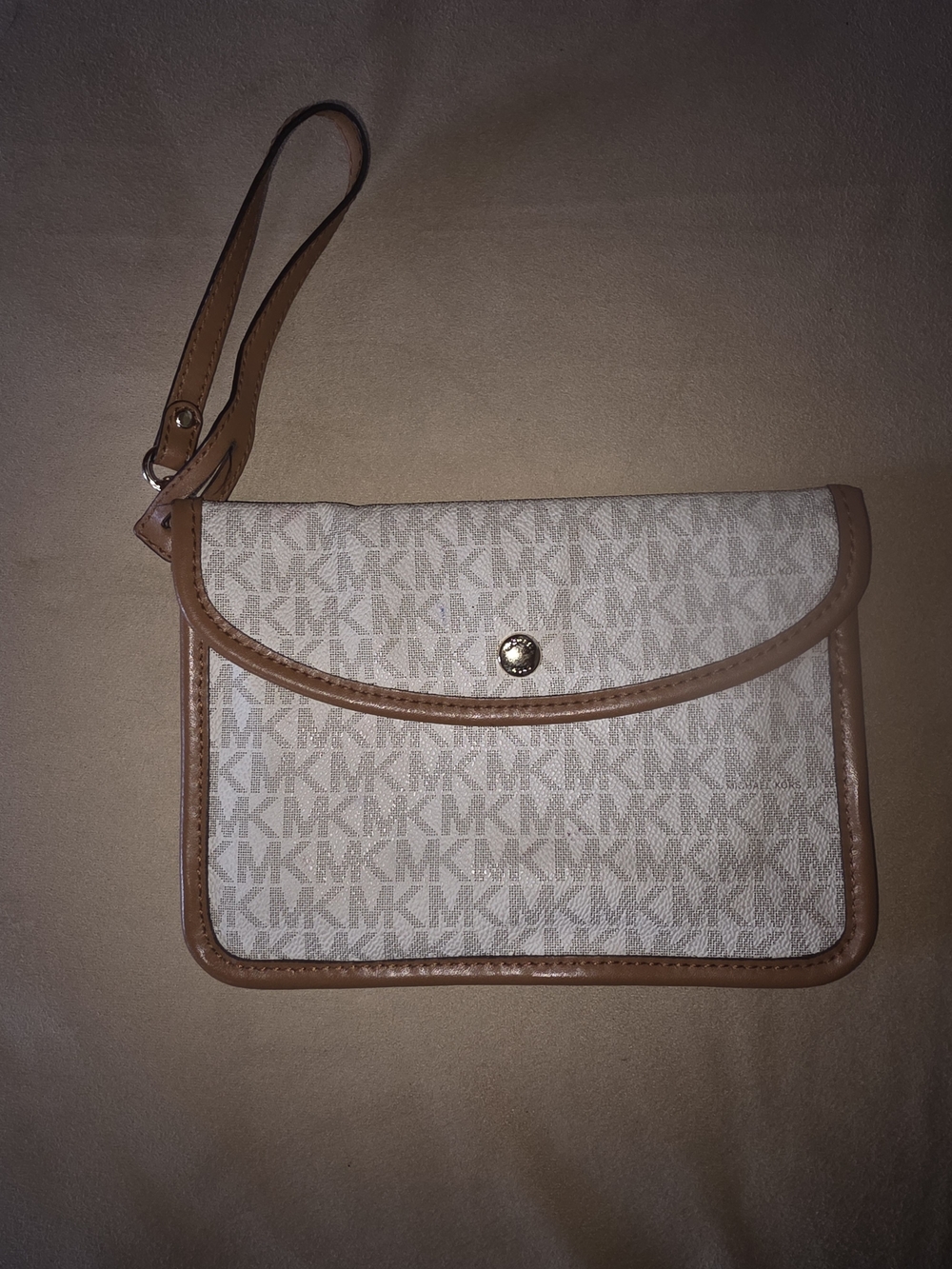 Michael Kors Jet Set Signature Logo Flap Wristlet White & Brown